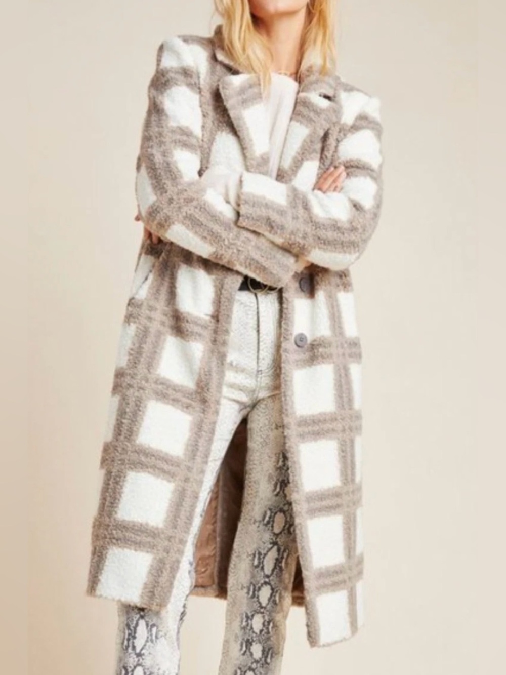 NVLT Cream and Brown Plaid Faux-Shearling Teddy Coat Size Medium